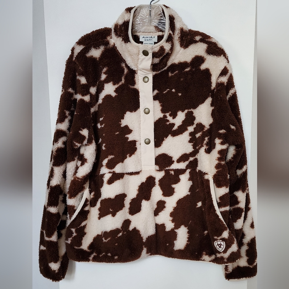 Ariat Brown and Cream Cow Print Sherpa Pullover